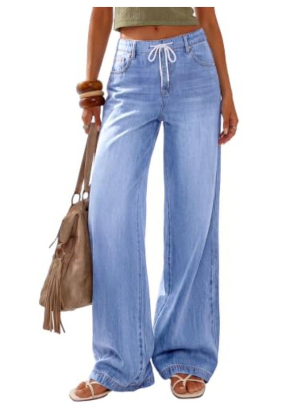 Stretchy Wide Leg Drawstring High Rise Jeans with Pockets